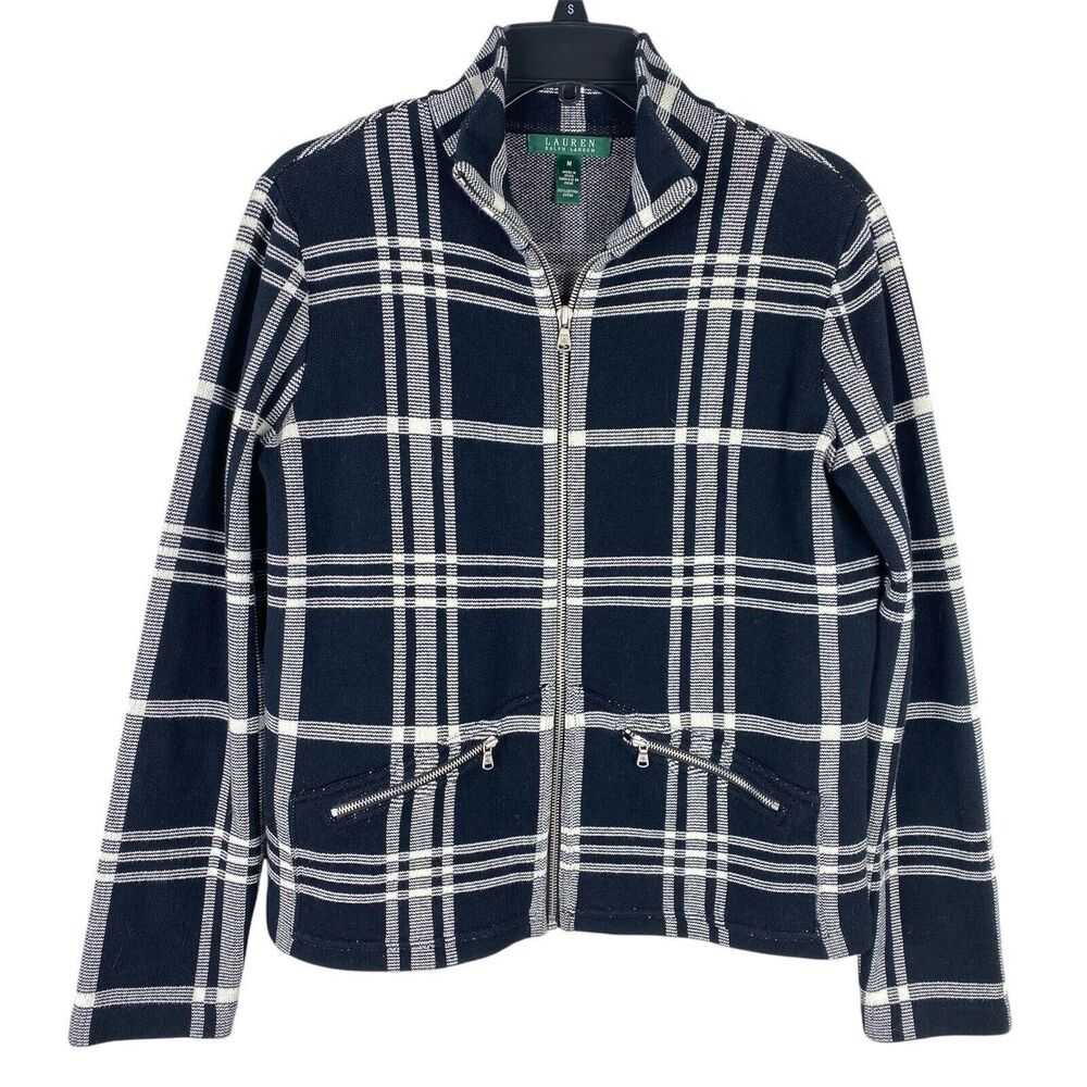Lauren Ralph Lauren Sweater Jacket Black Plaid Preppy Academia Old Money Medium